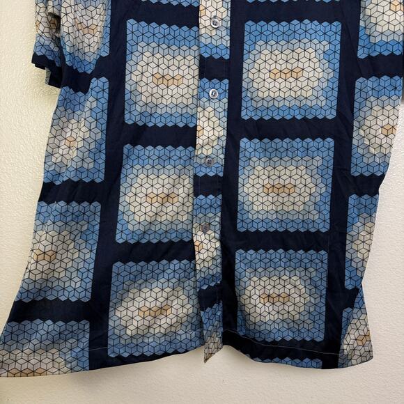 Vtg 70s Mervyns Disco Shirt Mens Geometric Button Up Nylon Dagger Collar Cubes - Picture 4 of 11